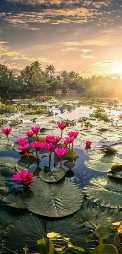 Serene lily pond at sunset with pink lotus flowers.