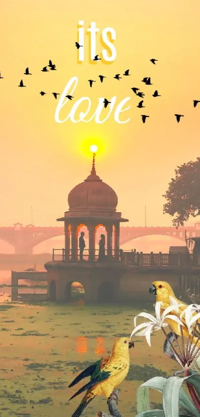 Serene sunset view with birds and love theme.