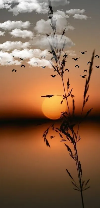 A serene sunset with silhouetted grass and birds.