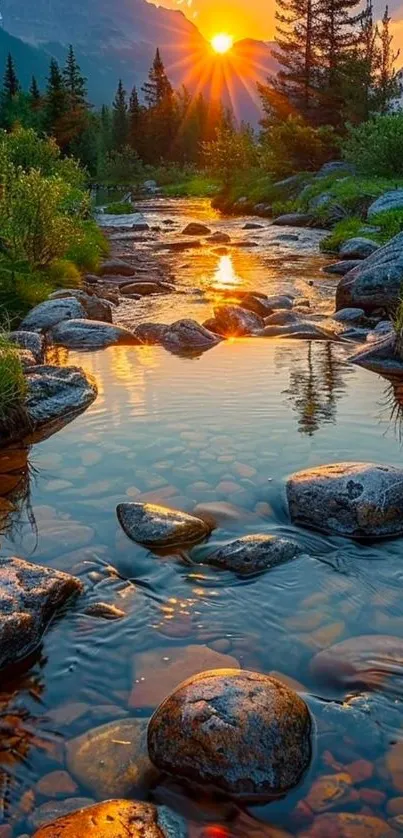 Serene mountain stream at sunset with vibrant reflections.