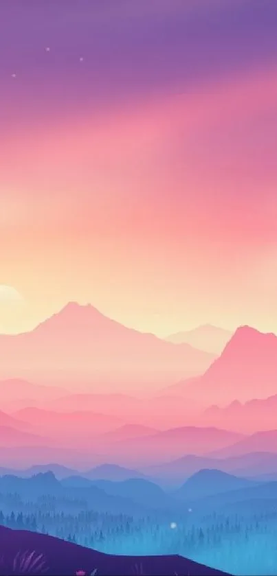 Serene sunset over mountain landscape with purple, pink, and blue hues.