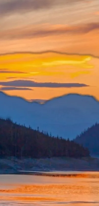 Orange sunset over blue mountains with scenic view.