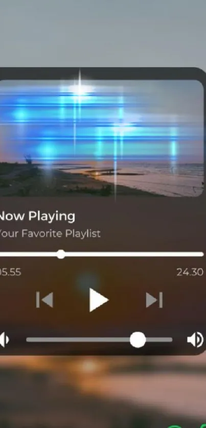 A tranquil sunset beach wallpaper with an overlay of a music player interface.