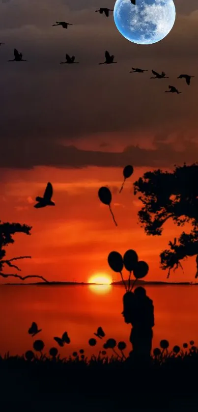 Silhouette at sunset with balloons and birds against an orange sky over a lake.