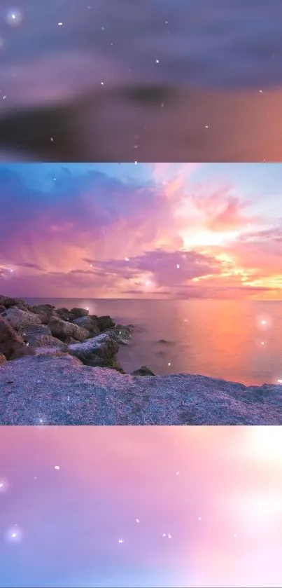 Serene sunset with purple sky over ocean rocks, perfect for relaxation.