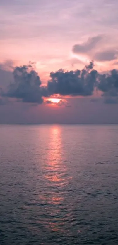 A calming pink sunset over a tranquil ocean.