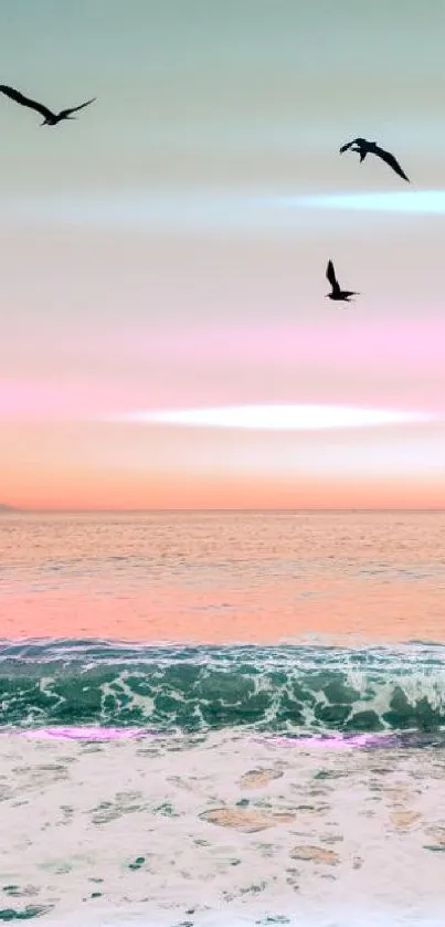 Peaceful ocean sunset with birds in flight.