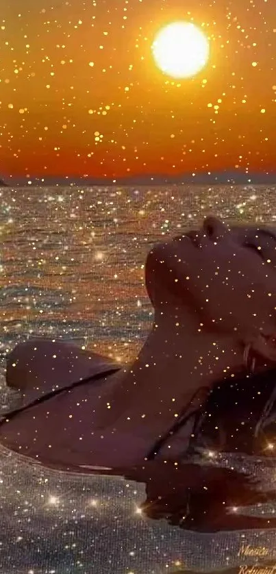 Serene sunset view with person in sparkling ocean.