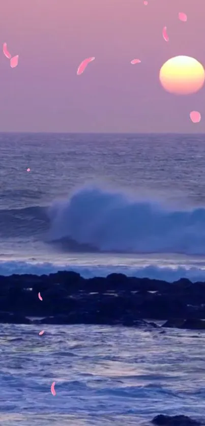 Serene sunset over ocean with pink petals and waves.