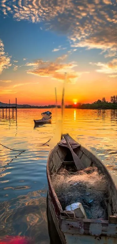 A peaceful sunset over a lake with a fishing boat and vibrant clouds.