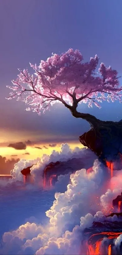 Cherry tree atop a cliff with a pink sunset sky and clouds.