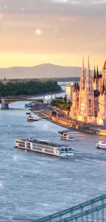 Scenic view of Budapest sunset over the river showing architectural beauty.