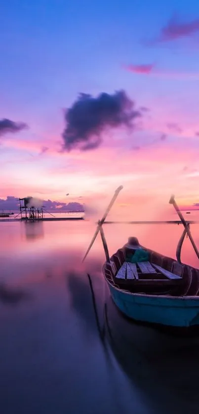 Serene sunset over calm waters with a lone boat in view, creating a peaceful scene.