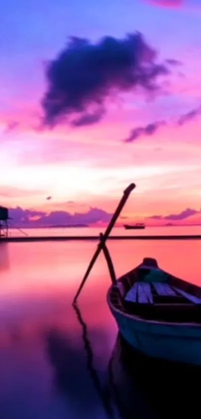 Serene sunset with a boat on calm waters, showcasing a pastel purple sky.