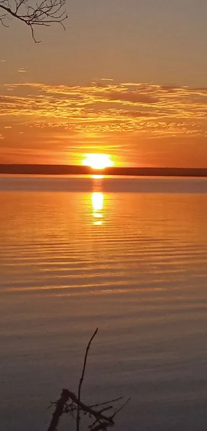 Calm sunset scene over reflective water with a golden glow.