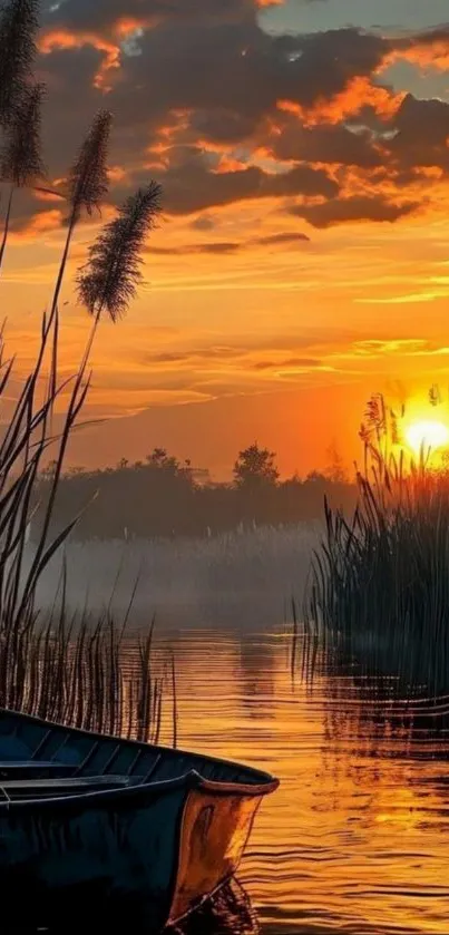 Serene sunset over calm water with reeds and a boat.