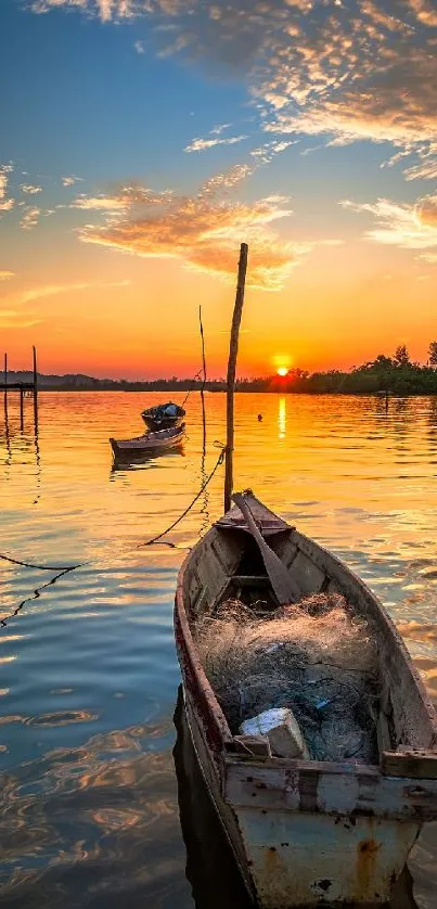 A stunning sunset over tranquil waters with a wooden boat in the foreground.