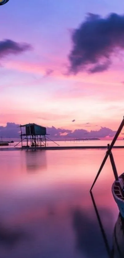 Serene sunset over calm waters with a colorful sky.