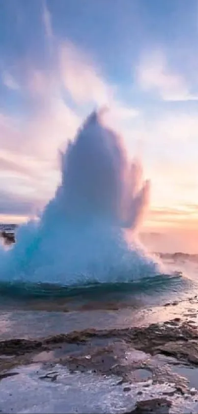 Geyser erupts at sunset with vibrant sky hues.