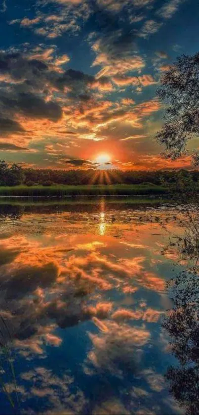 Serene sunset reflecting over a tranquil lake.