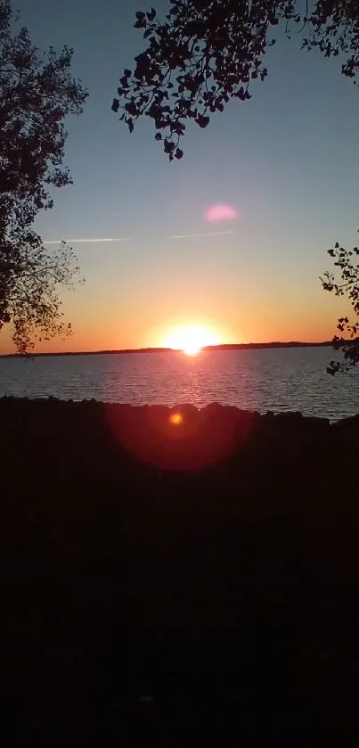 Serene sunset over a lake with silhouetted trees and vibrant sky.