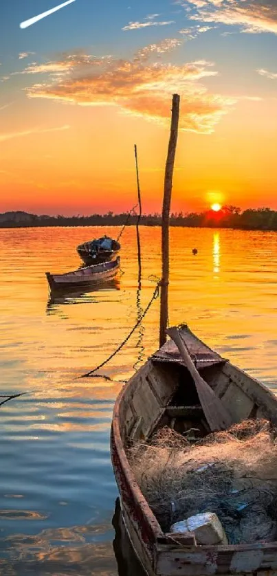 Serene sunset over a tranquil lake with vivid orange reflections.