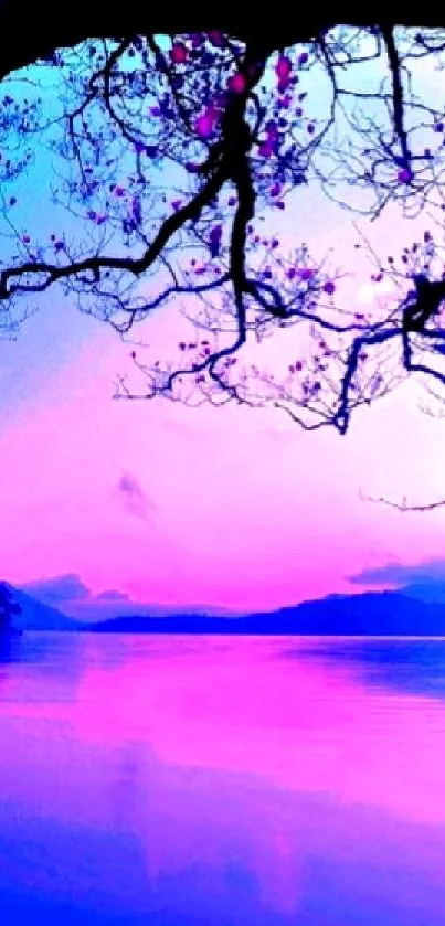 Serene lake at sunset with pink and purple hues.