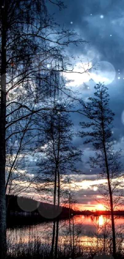 Serene sunset over a lake with silhouetted trees.