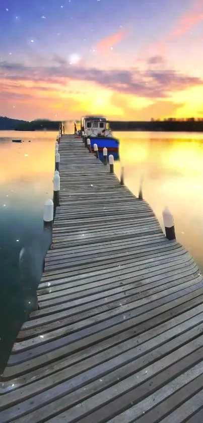 A peaceful sunset over a lake with a wooden dock extending into the water.