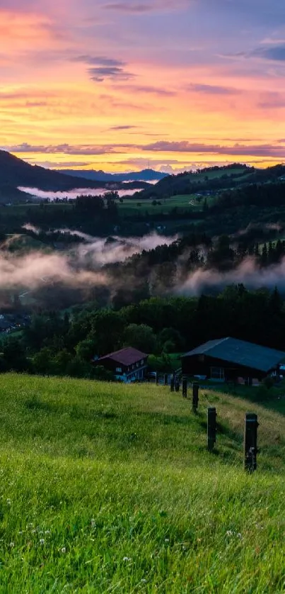 Serene sunset over lush green hills with misty valleys in the foreground.