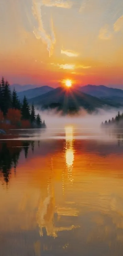 Serene sunset over a misty lake with mountains and autumn trees.