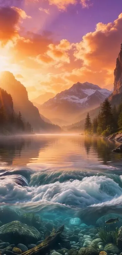 Sunset over a serene mountain lake landscape.