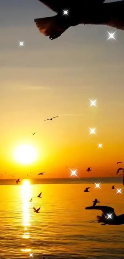 Serene sunset with birds over a sparkling ocean.