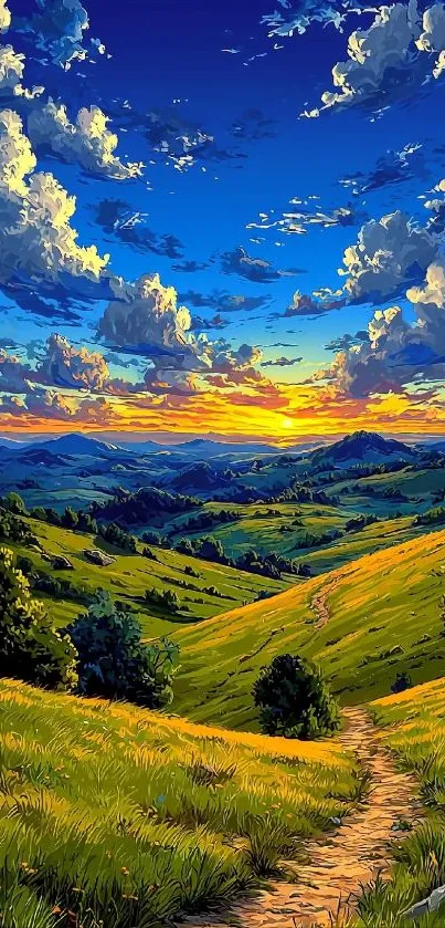 Vibrant sunset landscape with rolling green hills and scenic sky.