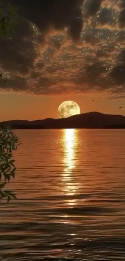 Serene sunset over a calm lake with orange sky and gentle water reflection.