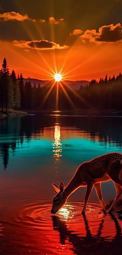 Deer by a lake with a stunning sunset behind.