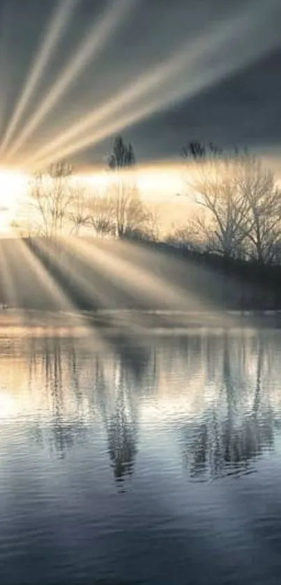 Serene landscape with sunbeams reflecting on calm water at sunset.