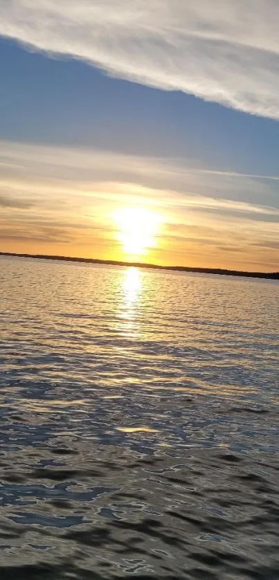 Serene sunset over calm ocean waters with vibrant sky.