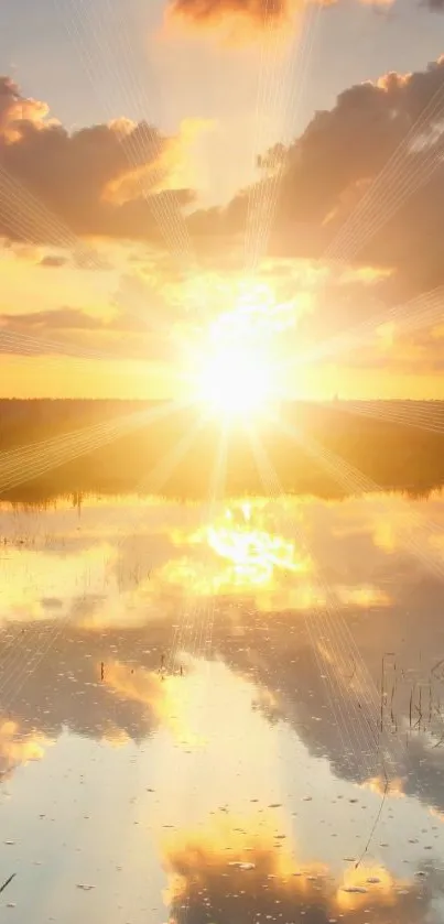 Serene sunset reflecting on calm water with clouds.