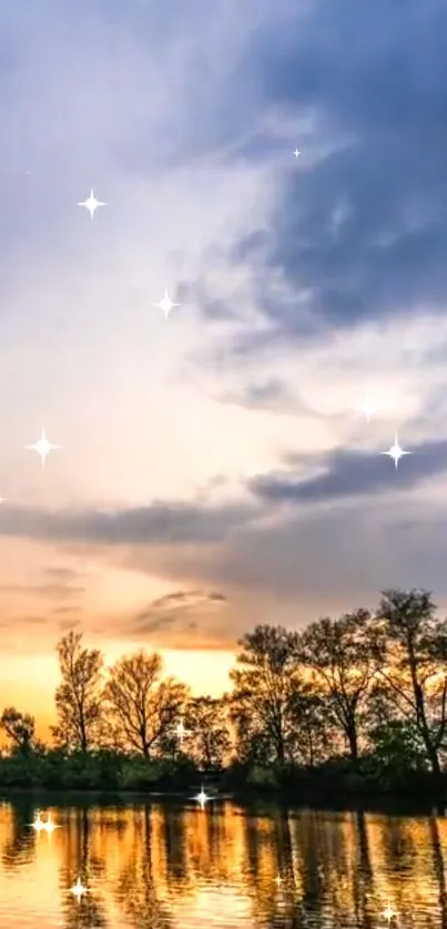 Serene sunset over water with sparkling stars and silhouetted trees.