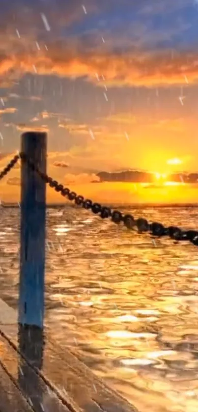 Beautiful sunset over water with a dock and vibrant clouds.