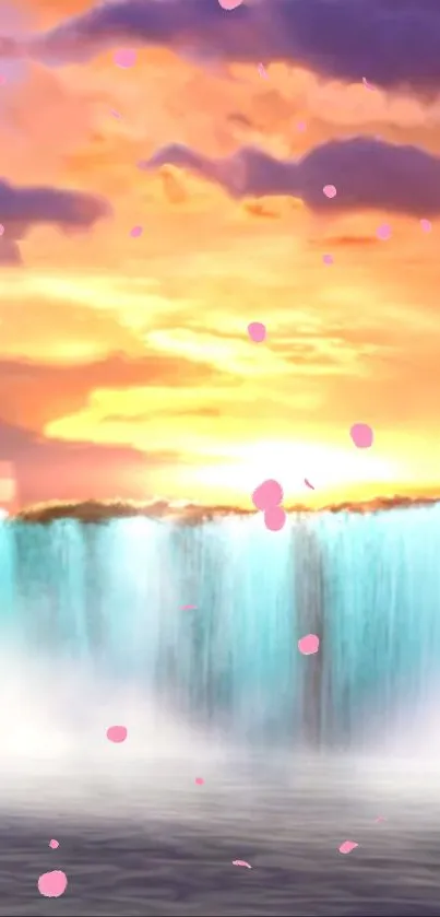 A serene sunset over a cascading waterfall with floating pink petals.