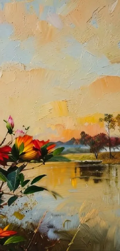 Serene sunset painting with flowers by the water.