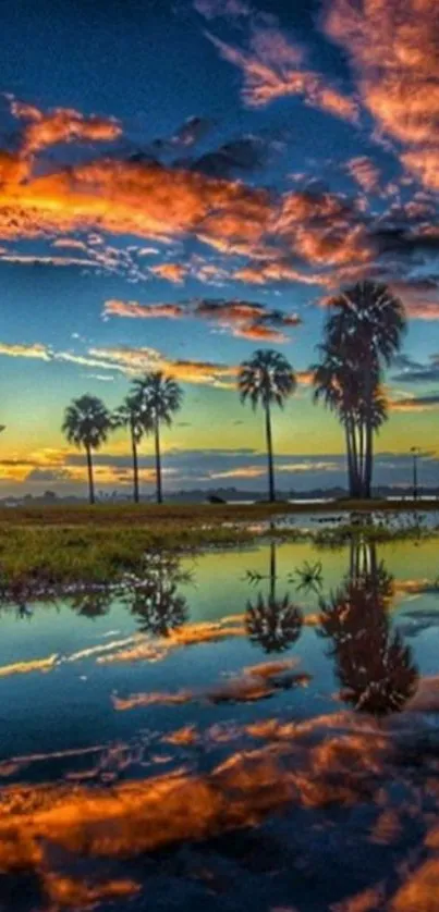 Palms silhouetted against a vibrant sunset over water.