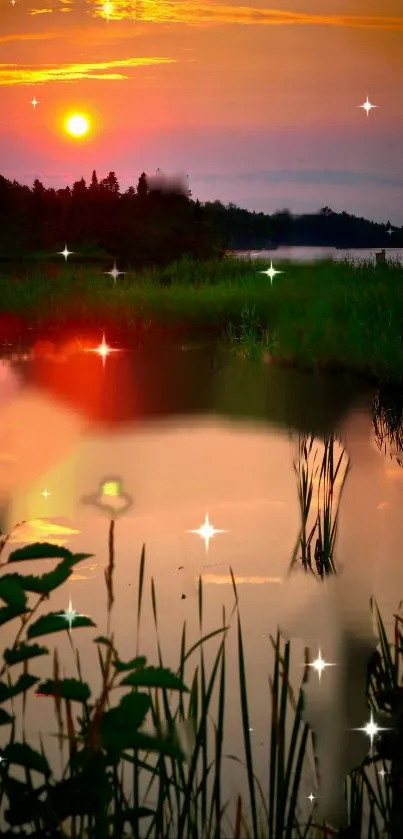 Serene sunset over lake with sparkling stars.