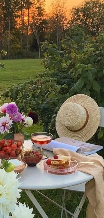 Outdoor picnic table at sunset with flowers and fruit.