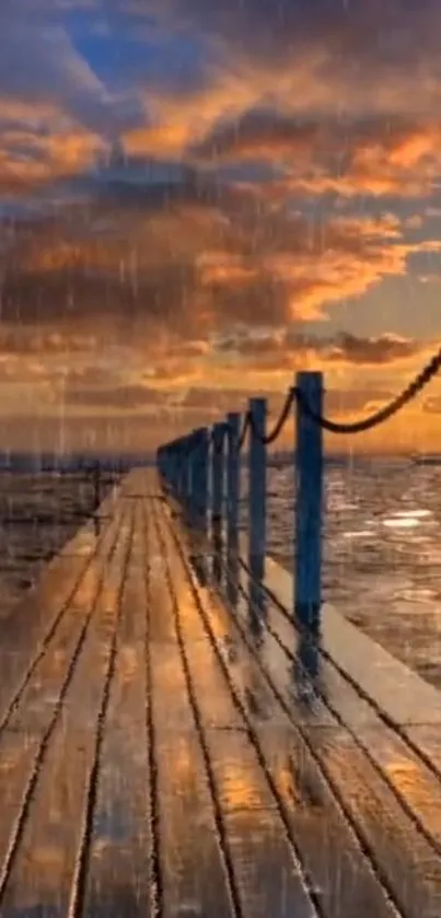 Serene sunset over an ocean pier with vivid colors and reflections.