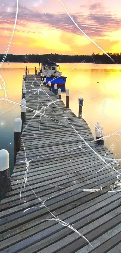 Serene wooden pier at sunset with cracked glass effect on peaceful lake.