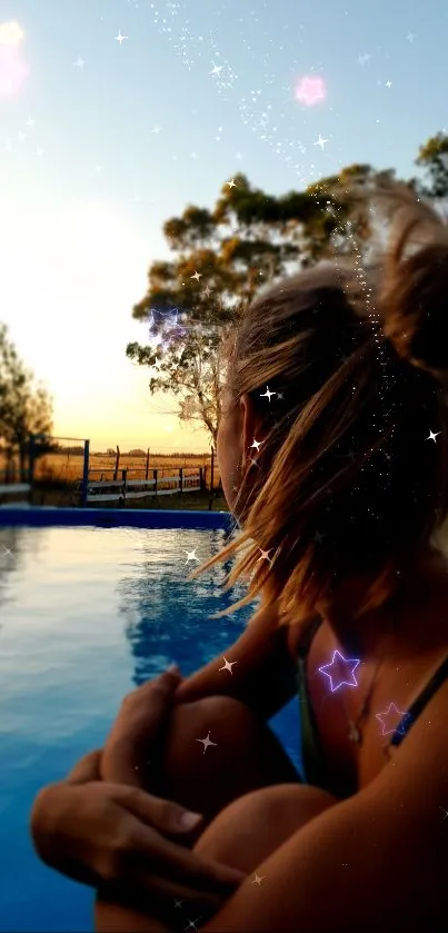 A serene woman gazing at a sunset over a calm pool.