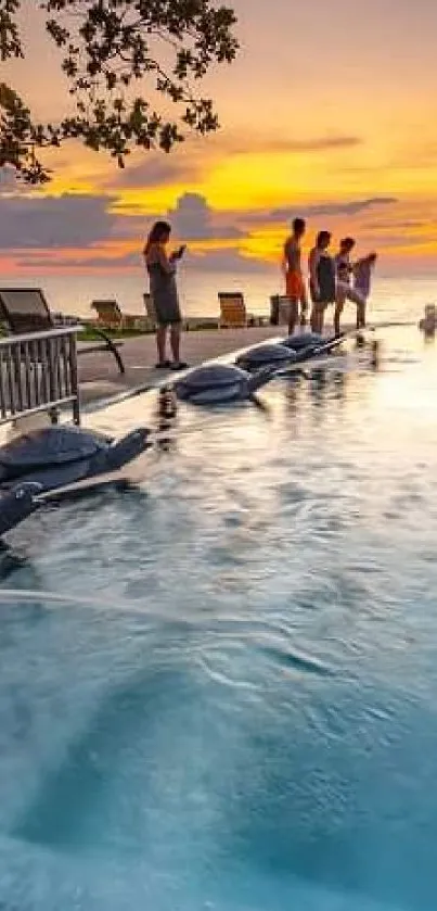 Serene sunset over a calming infinity pool at the beach.